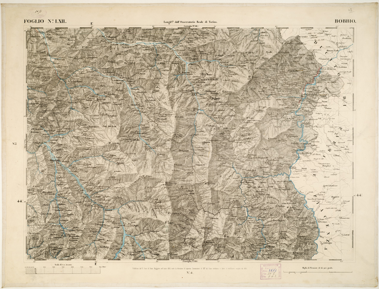(N:6282) CARTA TOPOGRAFICA DEGLI STATI IN TERRAFERMA... - Foglio 62 - Bobbio (B0002867) Carte e stampe antiche: riproduzione a colori su carta (formato A1)