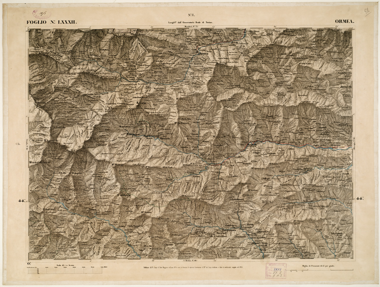 (N:6302) CARTA TOPOGRAFICA DEGLI STATI IN TERRAFERMA... - Foglio 82 - Ormea (B0002887) Carte e stampe antiche: riproduzione a colori su carta (formato A1)