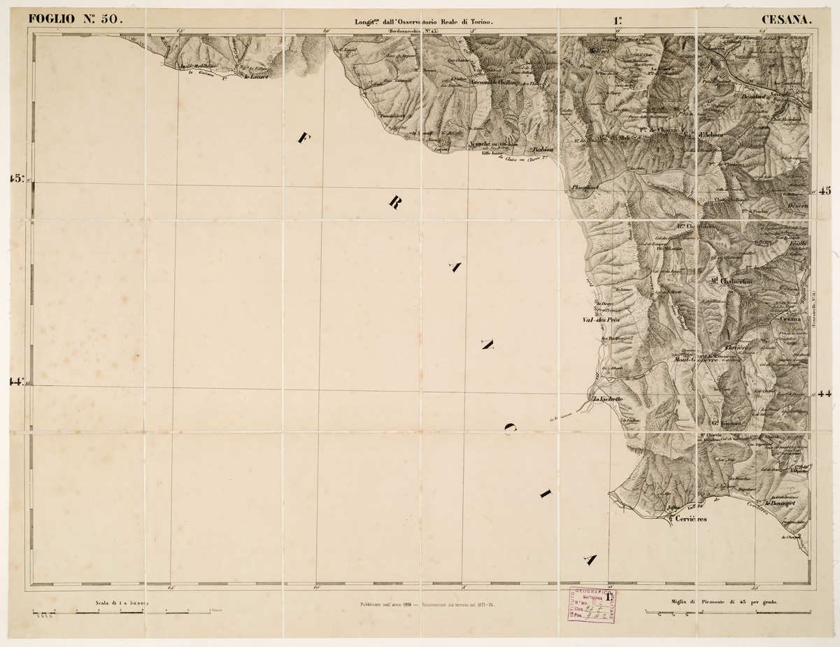 (N:6226) CARTA TOPOGRAFICA DEGLI STATI IN TERRAFERMA... - Foglio 50 - Cesana (B0002944) Carte e stampe antiche: riproduzione a colori su carta (formato A1)