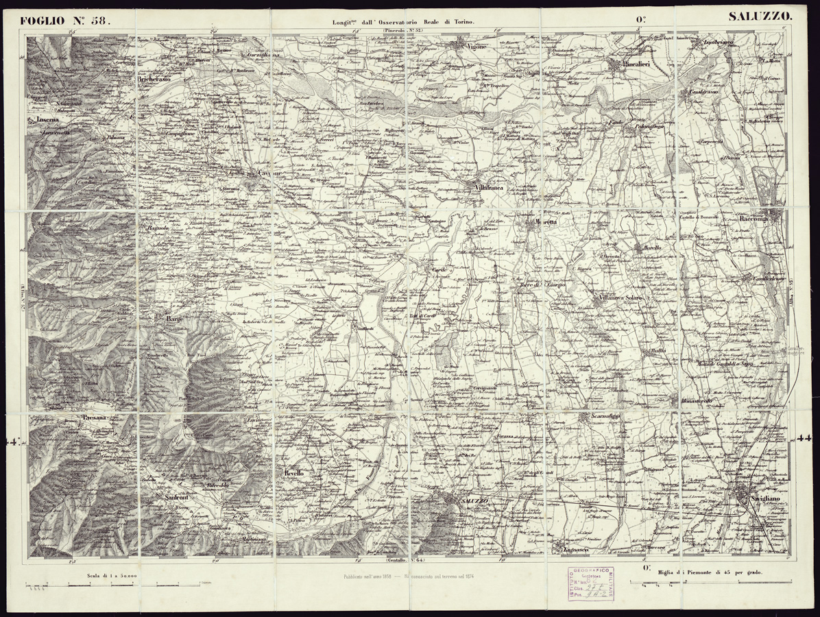 (N:6234) CARTA TOPOGRAFICA DEGLI STATI IN TERRAFERMA... - Foglio 58 - Saluzzo (B0002952) Carte e stampe antiche: riproduzione a colori su carta (formato A1)
