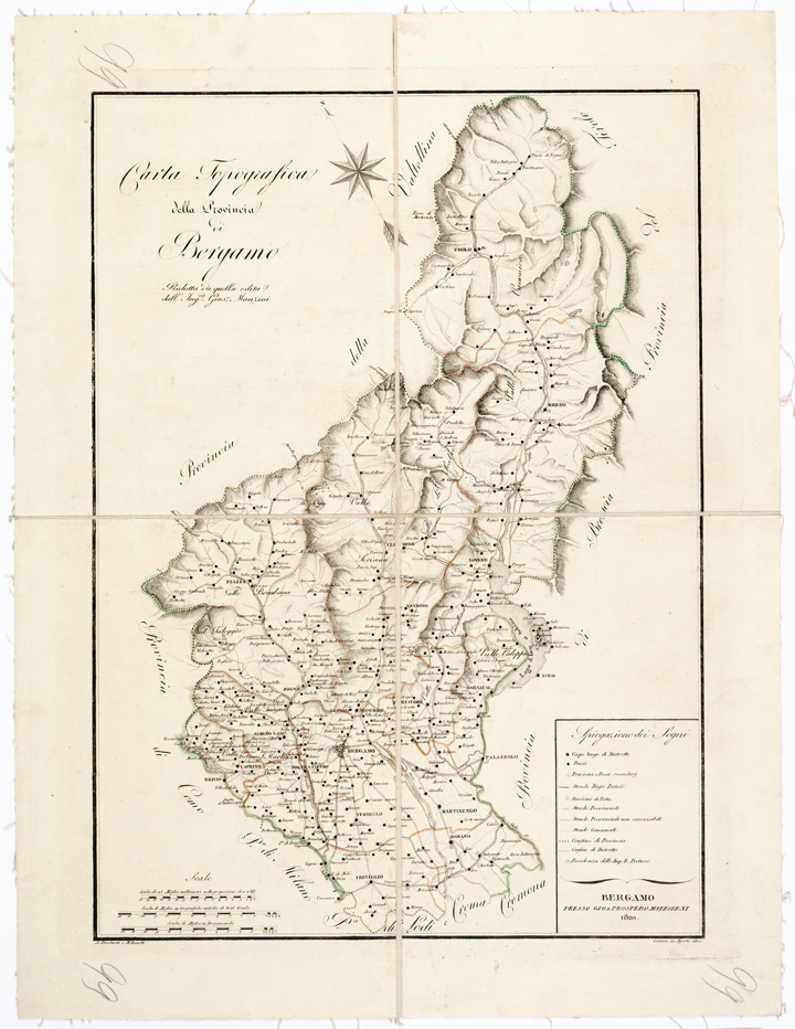 (N:7820) CARTA TOPOGRAFICA DELLA PROVINCIA DI BERGAMO RIDOTTA DA QUELLA EDITA DALL'ING. GIUSEPPE MANZINI A. RIVELANTI E M. BONATTI, INCISERO IN AGOSTO 1820. BERGAMO PRESSO GIO. E PROSPERO MAZZOLENI. (B0003120) Carte e stampe antiche: riproduzione a colori su carta (formato A1)