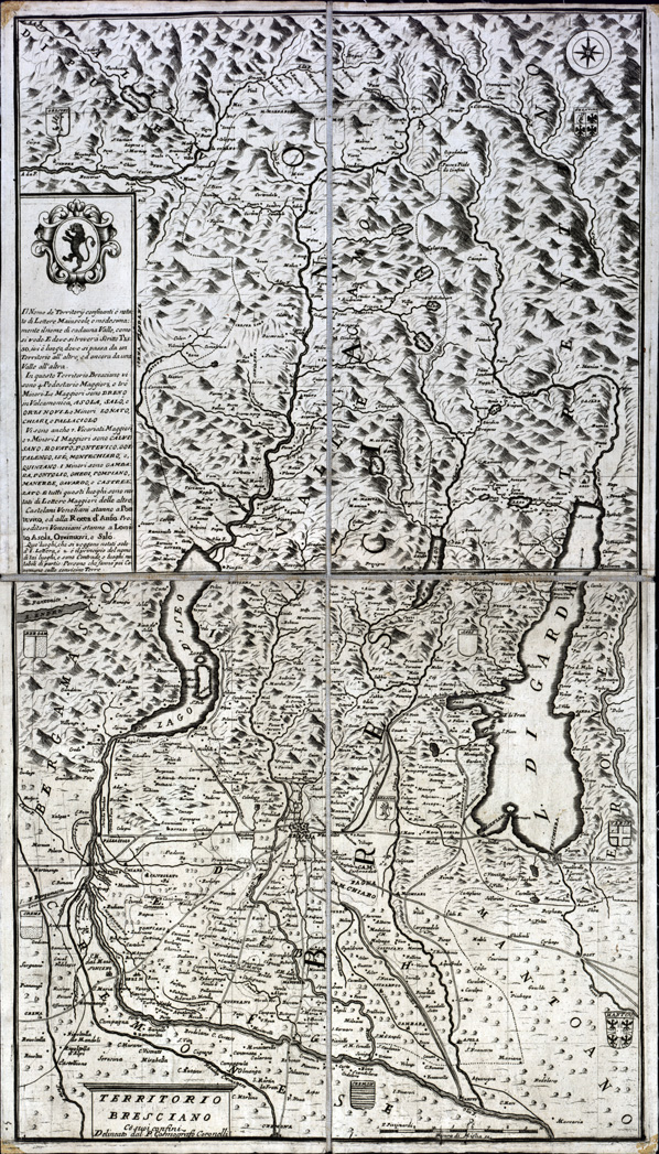 (N:16457) TERRITORIO BRESCIANO CO SUOI CONFINI DELINEATO DAL P. COSMOGRAFO CORONELLI (s. d.). (B0003123) Carte e stampe antiche: riproduzione a colori su carta (formato A1)
