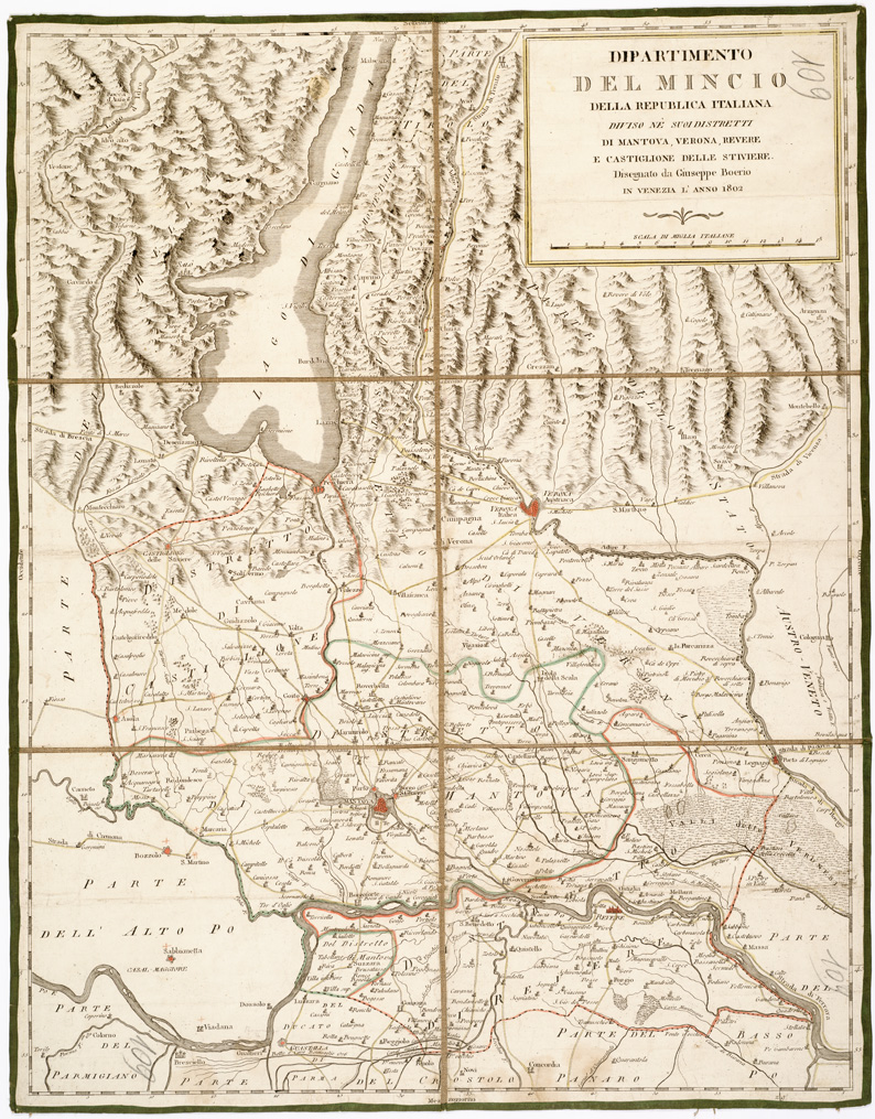 (N:9617) DIPARTIMENTO DEL MINCIO DELLA REPUBBLICA ITALIANA DIVISO NEI SUOI DISTRETTI DI MANTOVA, VERONA, REVERE E CASTIGLIONE DELLE STIVIERE DISEGNATO DA GIUSEPPE BOERIO. IN VENEZIA. (B0003130) Carte e stampe antiche: riproduzione a colori su carta (formato A1)