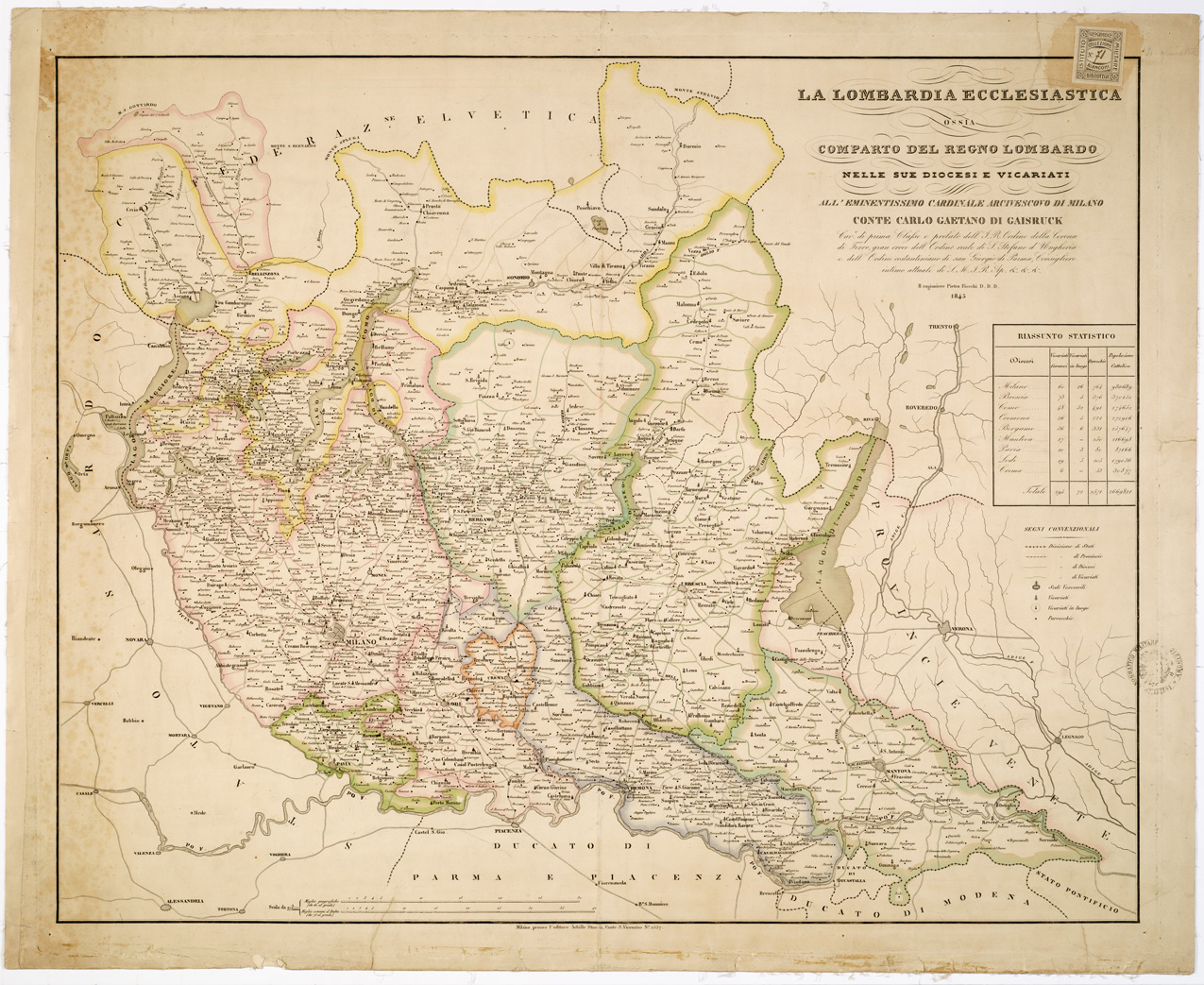 (N:11234) LA LOMBARDIA ECCLESIASTICA .OSSIA COMPARTO DEL REGNO LOMBARDO NELLE SUE DIOCESI E VICARIATI. ALL'EMINENTISSIMO CARDINALE ARCIVESCOVO DI MILANO CONTE CARLO GAETANO DI GAISRUCK. IL RAGIONIERE PIETRO FIOCCHI D. D. D. MILANO, PRESSO L'EDITORE ACHILLE STUCCHI. (B0003132) Carte e stampe antiche: riproduzione a colori su carta (formato A1)