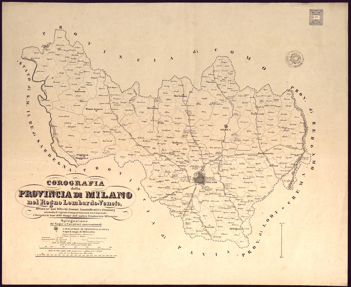 (N:9152) COROGRAFIE DELLE PROVINCIE DEL REGNO LOMBARDO-VENETO OGNUNA DELLE QUALI "DISTINTA NE' SUOI DISTRETTI E COMUNI CENSUARI, FORMATA IN BASE DELLE MAPPE DEL NUOVO CENSIMENTO" - Provincia di Milano (B0003135) Carte e stampe antiche: riproduzione a colori su carta (formato A1)