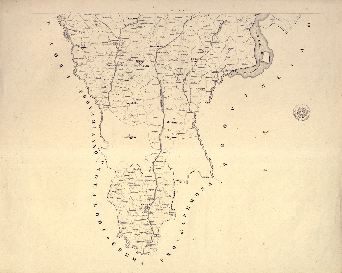 (N:9145) COROGRAFIE DELLE PROVINCIE DEL REGNO LOMBARDO-VENETO OGNUNA DELLE QUALI "DISTINTA NE' SUOI DISTRETTI E COMUNI CENSUARI, FORMATA IN BASE DELLE MAPPE DEL NUOVO CENSIMENTO" - Provincia di Bergamo (B0003136) Carte e stampe antiche: riproduzione a colori su carta (formato A1)
