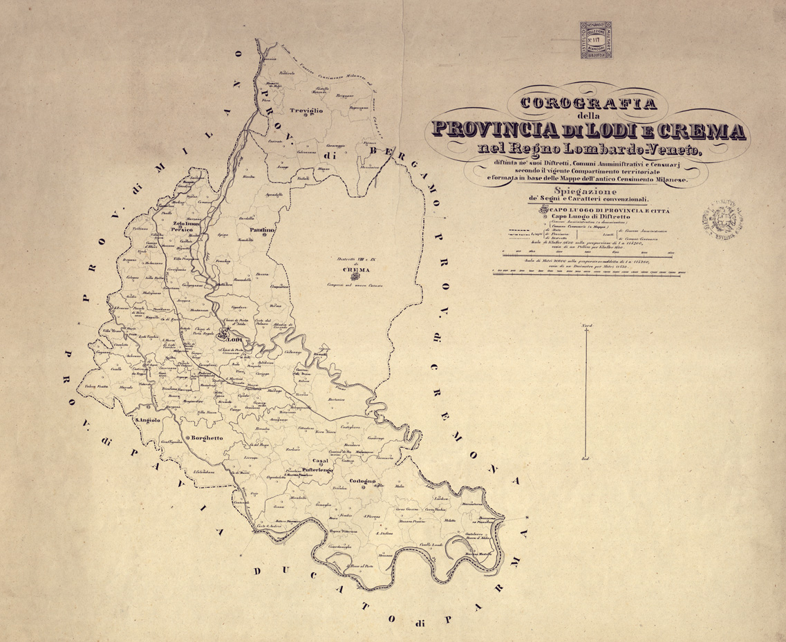 (N:9151) COROGRAFIE DELLE PROVINCIE DEL REGNO LOMBARDO-VENETO OGNUNA DELLE QUALI "DISTINTA NE' SUOI DISTRETTI E COMUNI CENSUARI, FORMATA IN BASE DELLE MAPPE DEL NUOVO CENSIMENTO" - Provincia di Lodi e Crema (B0003139) Carte e stampe antiche: riproduzione a colori su carta (formato A1)