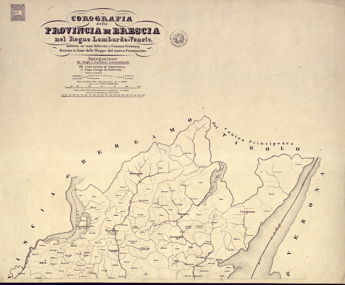 (N:9144) COROGRAFIE DELLE PROVINCIE DEL REGNO LOMBARDO-VENETO OGNUNA DELLE QUALI "DISTINTA NE' SUOI DISTRETTI E COMUNI CENSUARI, FORMATA IN BASE DELLE MAPPE DEL NUOVO CENSIMENTO".- Provincia di Brescia (B0003140) Carte e stampe antiche: riproduzione a colori su carta (formato A1)