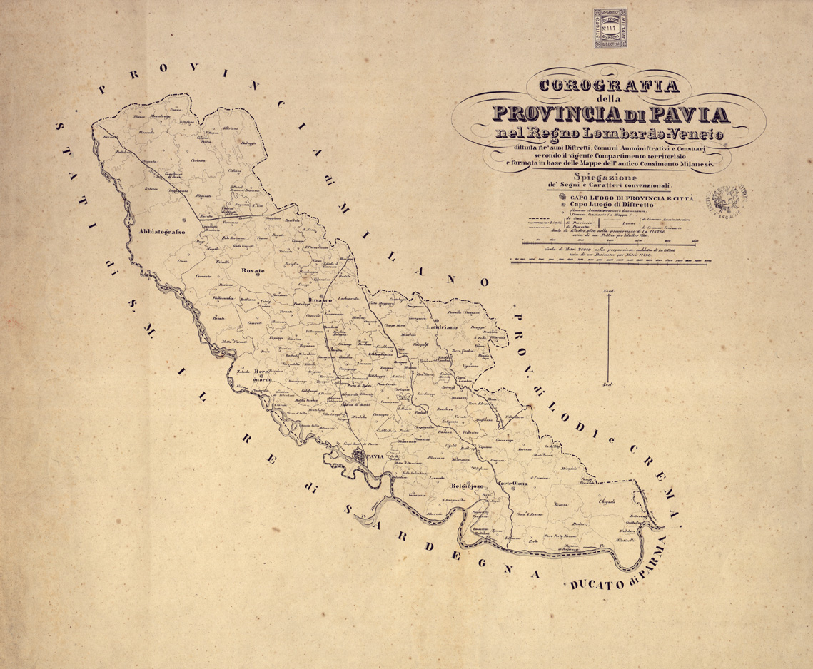 (N:9153) COROGRAFIE DELLE PROVINCIE DEL REGNO LOMBARDO-VENETO OGNUNA DELLE QUALI "DISTINTA NE' SUOI DISTRETTI E COMUNI CENSUARI, FORMATA IN BASE DELLE MAPPE DEL NUOVO CENSIMENTO" - Provincia di Pavia (B0003142) Carte e stampe antiche: riproduzione a colori su carta (formato A1)