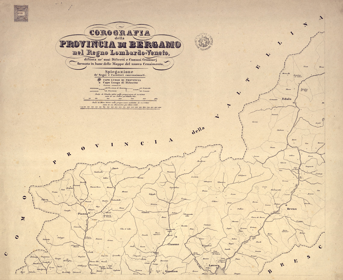 (N:9146) COROGRAFIE DELLE PROVINCIE DEL REGNO LOMBARDO-VENETO OGNUNA DELLE QUALI "DISTINTA NE' SUOI DISTRETTI E COMUNI CENSUARI, FORMATA IN BASE DELLE MAPPE DEL NUOVO CENSIMENTO" - Provincia di Bergamo (B0003143) Carte e stampe antiche: riproduzione a colori su carta (formato A1)