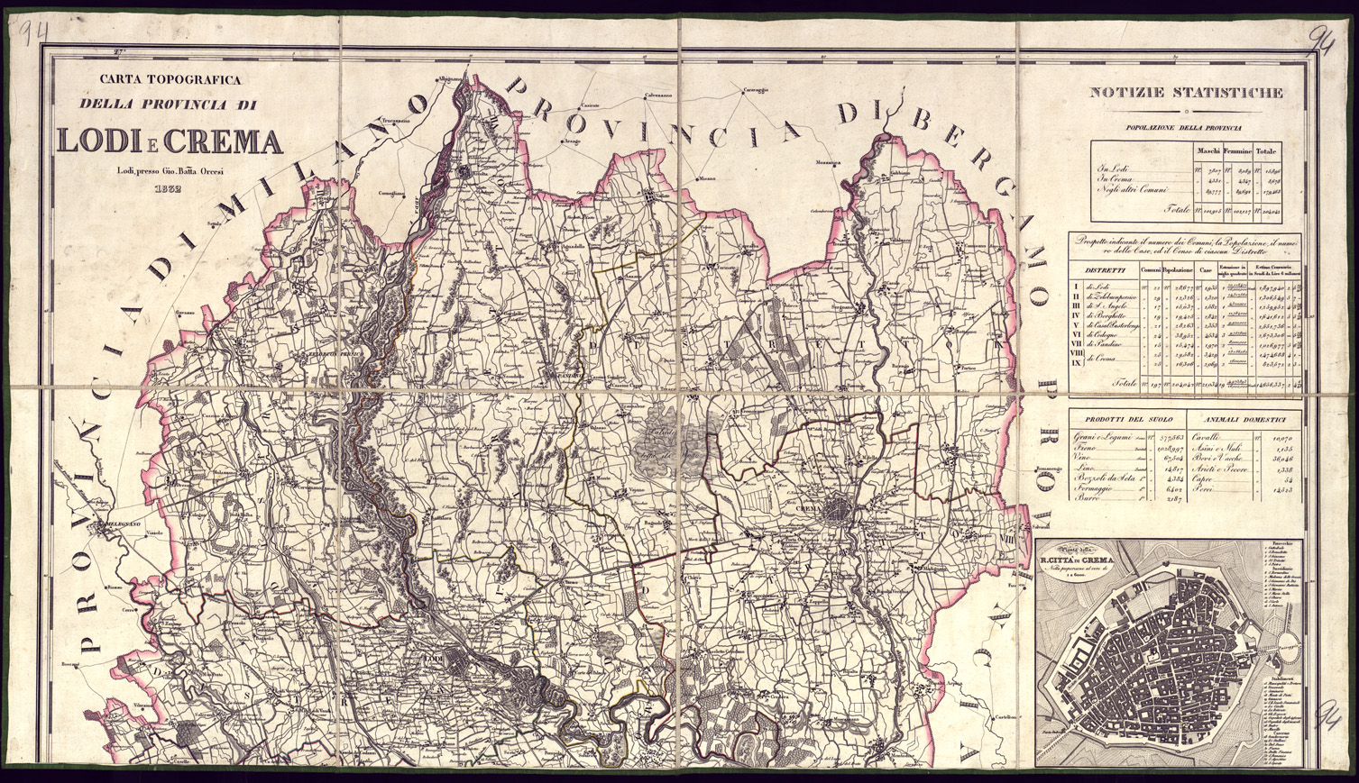 (N:7833) CARTA TOPOGRAFICA DELLA PROVINCIA DI LODI E CREMA-LODI PRESSO GIO. BATTA ORCESI. (B0003145) Carte e stampe antiche: riproduzione a colori su carta (formato A1)