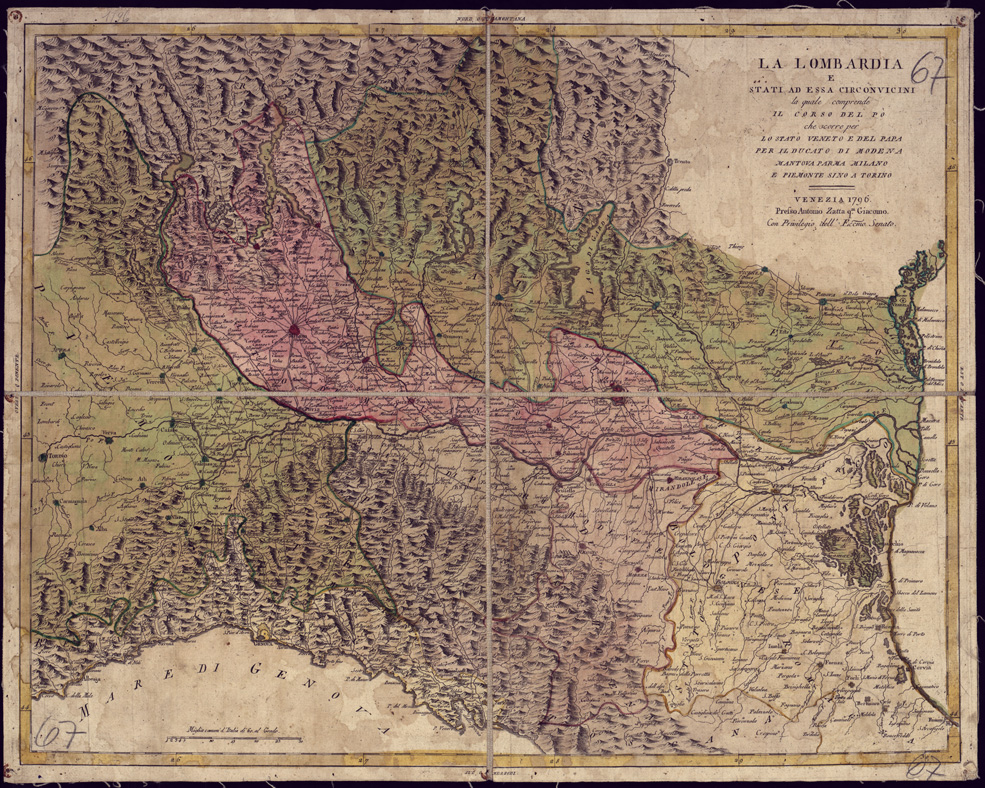(N:11233) LA LOMBARDIA E STATI AD ESSA CIRCONVICINI LA QUALE COMPRENDE IL CORSO DEL PO CHE CORRE PER LO STATO VENETO E DEL PAPA PER IL DUCATO DI MODENA, MANTOVA, PARMA, MILANO E PIEMONTE SINO A TORINO. VENEZIA PRESSO ANTONIO ZATTA Q. M GIACOMO. (B0003148) Carte e stampe antiche: riproduzione a colori su carta (formato A1)
