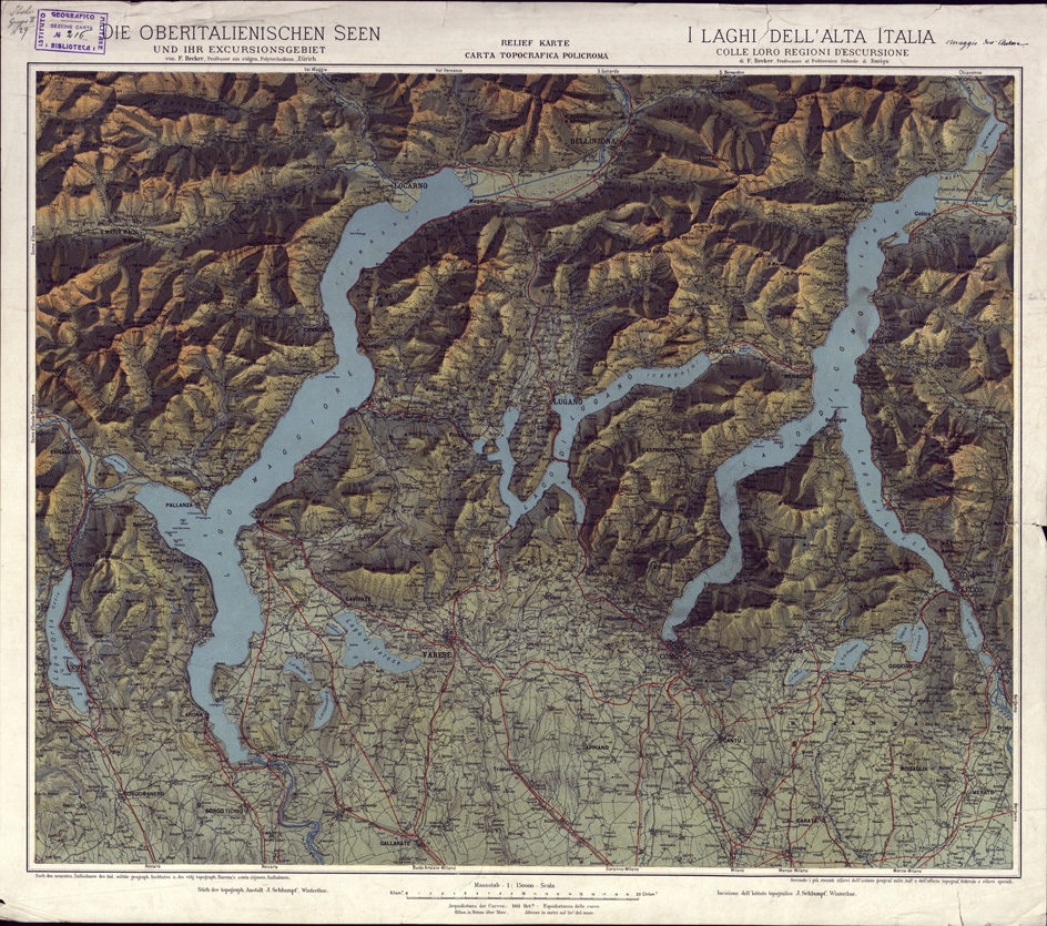 (N:10535) I LAGHI DELL'ALTA ITALIA CON LE LORO REGIONI DESCURSIONE DI F. BECKER, PROFESSORE DEL POLITECNICO FEDERALE DI ZURIGO, (s. d.). (B0003164) Carte e stampe antiche: riproduzione a colori su carta (formato A1)