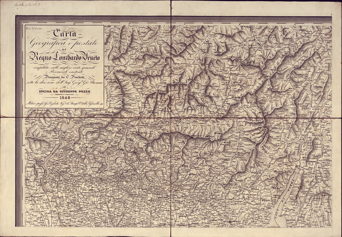 (N:5012) CARTA GEOGRAFICA E POSTALE DEL REGNO LOMBARDO VENETO COMPILATA SULLE MIGLIORI CARTE GENERALI E PROVINCIALI ESISTENTI, DISEGNATA DA C. PINCHETTI SOTTO LA DIREZIONE DELL'INGEGNERE GEOGRAFO G. BRENNA E INCISA DA GIUS. PEZZE - Foglio 1 (B0003174) Carte e stampe antiche: riproduzione a colori su carta (formato A1)
