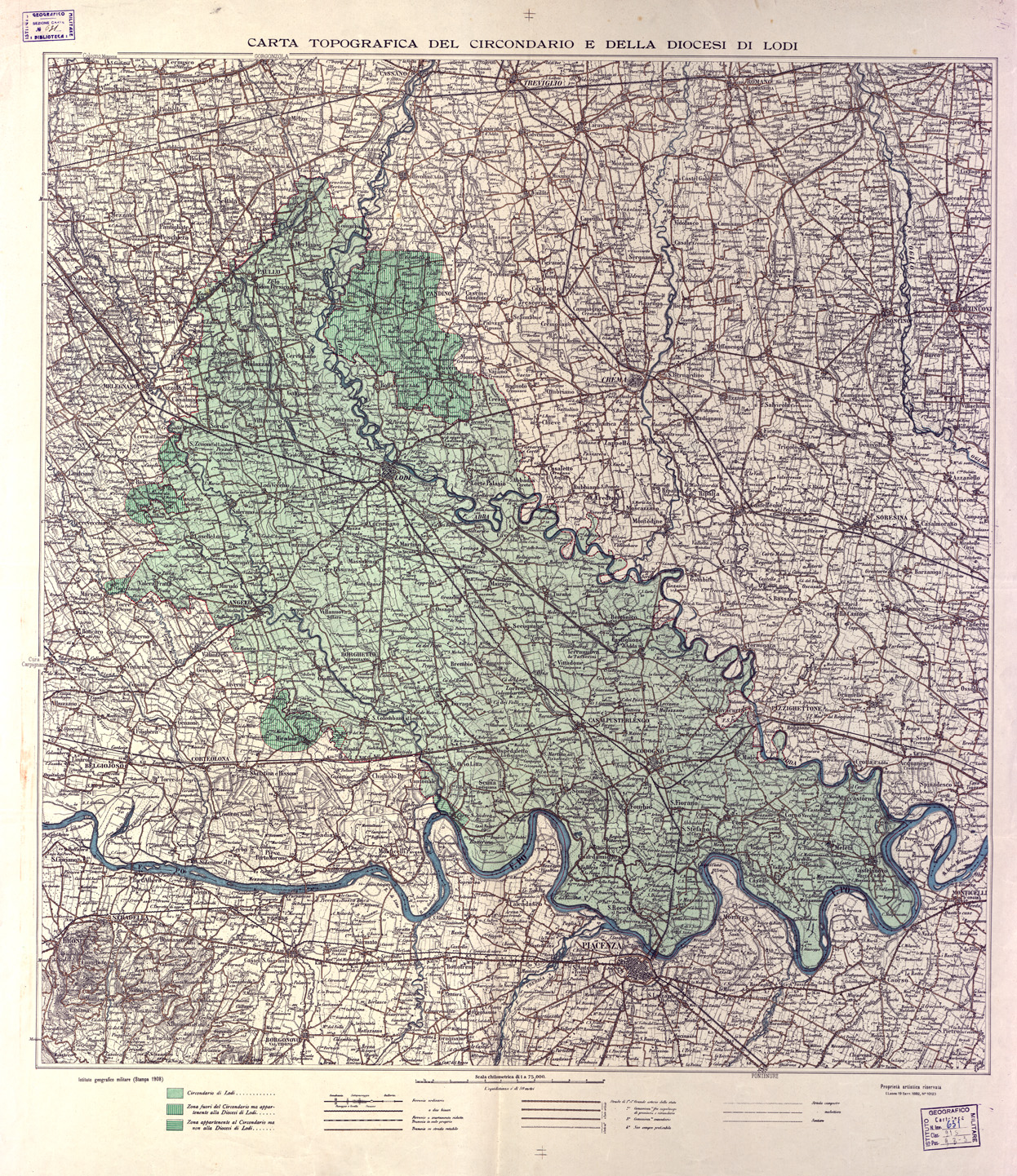 (N:6491) CARTA TOPOGRAFICA DEL CIRCONDARIO E DELLA DIOCESI DI LODI. I.G.M. (B0003176) Carte e stampe antiche: riproduzione a colori su carta (formato A1)