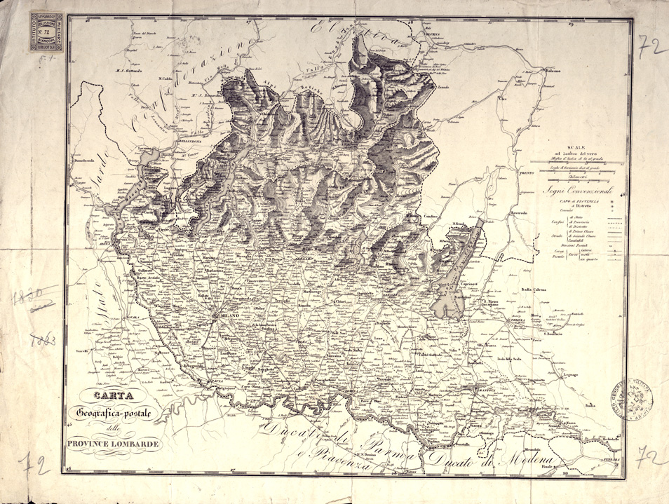 (N:5017) CARTA GEOGRAFICA POSTALE DELLE PROVINCIE LOMBARDE (s. a., s. d.). (B0003189) Carte e stampe antiche: riproduzione a colori su carta (formato A1)