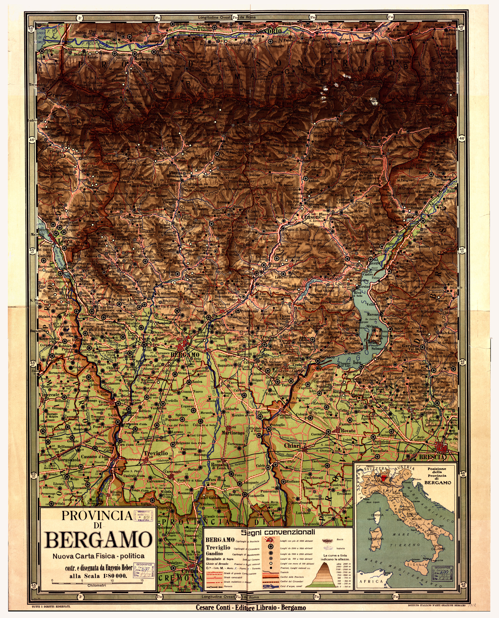 (N:13016) PROVINCIA DI BERGAMO NUOVA CARTA FISICA-POLITICA (B0003309) Carte e stampe antiche: riproduzione a colori su carta (formato A1)