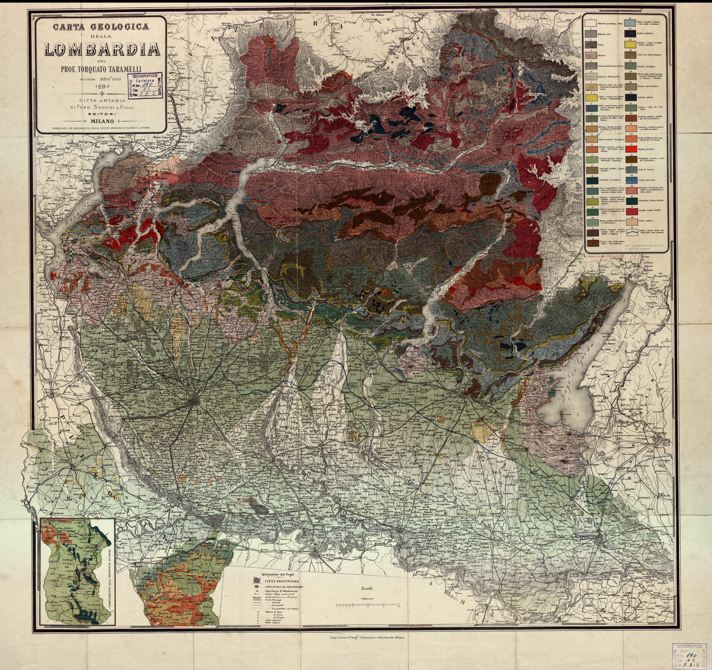 (N:5264) CARTA GEOLOGICA DELLA LOMBARDIA DEL PROF. TARQUATO TARAMELLI (B0003317) Carte e stampe antiche: riproduzione a colori su carta (formato A1)