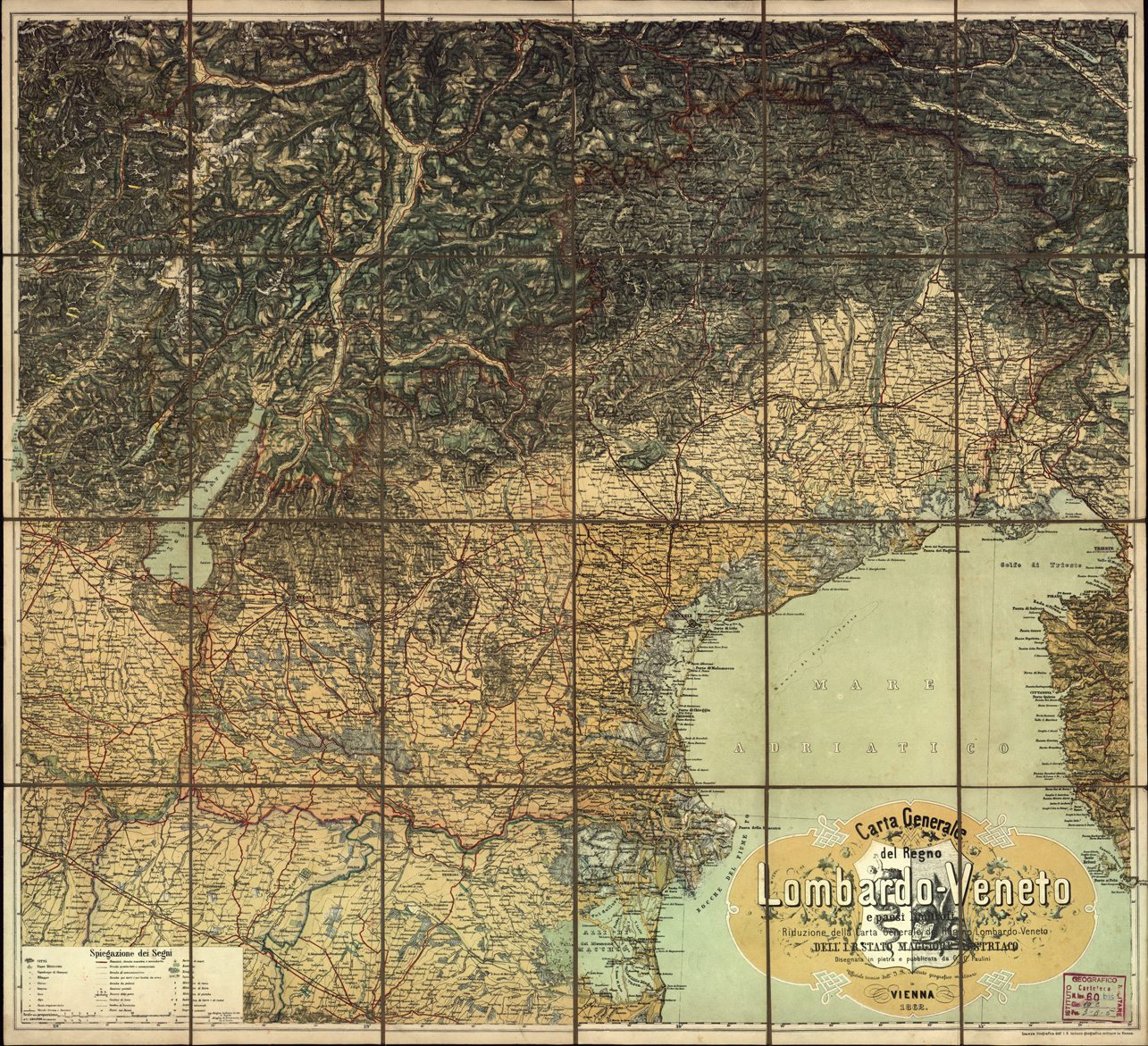 (N:4911) CARTA GENERALE DEL REGNO LOMBARDO-VENETO E PAESI LIMITROFI RIDUZIONE DELLA CARTA GENERALE DEL REGNO LOMBARDO-VENETO. DELL'I.R. STATO MAGGIORE AUSTRIACO. DISEGNATA IN PIETRA E PUBBLICATA DA C.C. PAULINI UFFICIALE TECNICO DELL'I.R.G.M. IN VEINNA. (B0003332) Carte e stampe antiche: riproduzione a colori su carta (formato A1)