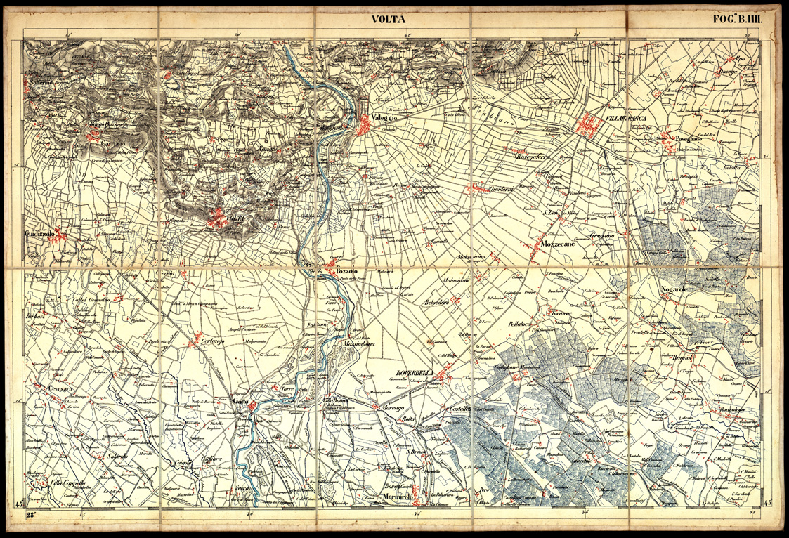 (N:3482) CARTA DELLA PARTE CENTRALE DELL'ALTA ITALIA AUTOGRAFATA NELL'UFFICIO TOPOGRAFICO DEL CORPO REALE DELLO STATO MAGGIORE - Volta - Foglio B IIII (B0003349) Carte e stampe antiche: riproduzione a colori su carta (formato A1)