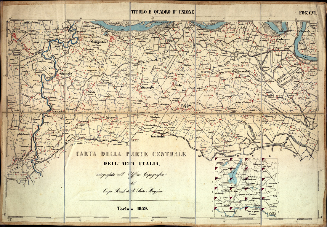 (N:3474) CARTA DELLA PARTE CENTRALE DELL'ALTA ITALIA AUTOGRAFATA NELL'UFFICIO TOPOGRAFICO DEL CORPO REALE DELLO STATO MAGGIORE - Foglio C VI QUADRO DI UNIONE (B0003357) Carte e stampe antiche: riproduzione a colori su carta (formato A1)