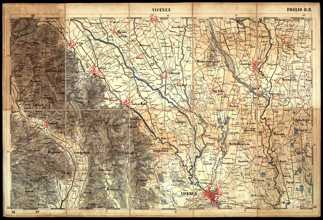(N:3481) CARTA DELLA PARTE CENTRALE DELL'ALTA ITALIA AUTOGRAFATA NELL'UFFICIO TOPOGRAFICO DEL CORPO REALE DELLO STATO MAGGIORE - Foglio D II - VICENZA (B0003359) Carte e stampe antiche: riproduzione a colori su carta (formato A1)
