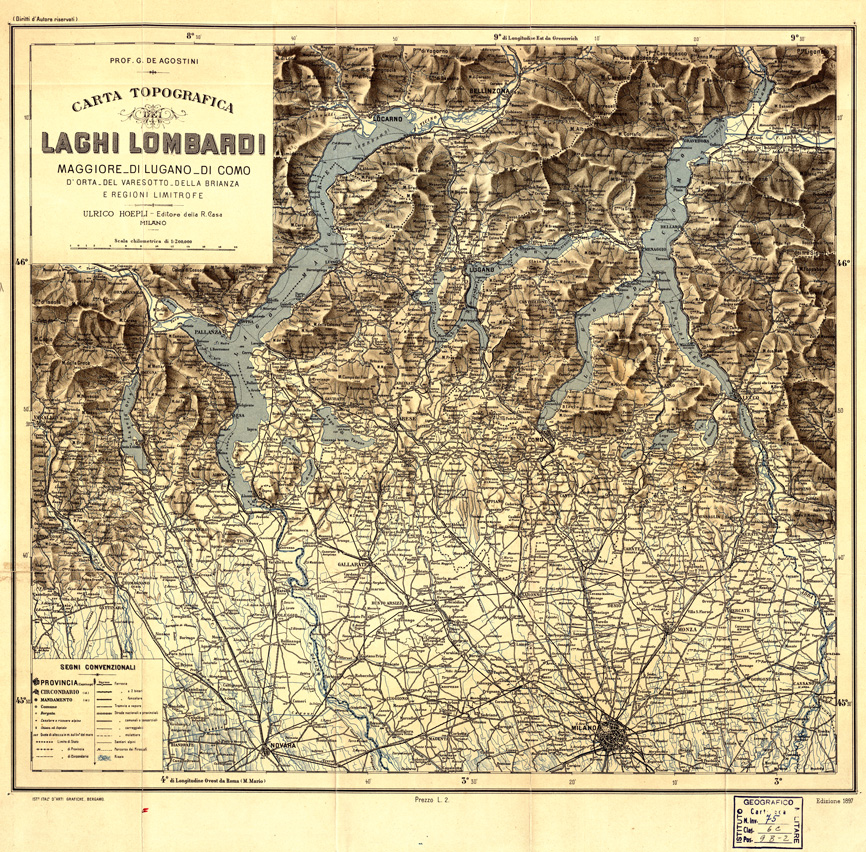 (N:6459) CARTA TOPOGRAFICA DEI LAGHI LOMBARDI MAGGIORE,DI LUGANO, DI COMO, D'ORTA E DEL VARESOTTO, DELLA BRIANZA, E REGIONI LIMITROFE. (B0003431) Carte e stampe antiche: riproduzione a colori su carta (formato A1)
