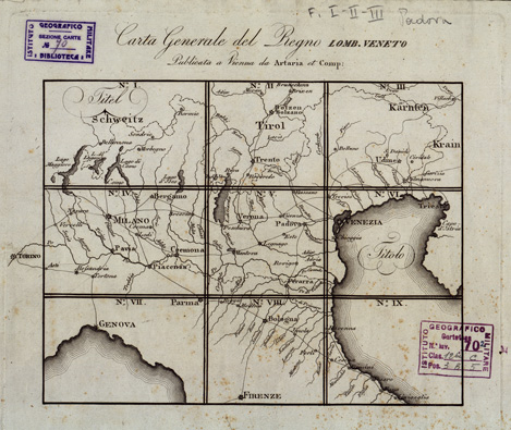 (N:6604) CARTA TOPOGRAFICA DEL REGNO LOMBARDO VENETO CON IL PARMIGIANO GENOVESATO... - Quadro d'unione (B0003893) Carte e stampe antiche: riproduzione a colori su carta (formato A1)