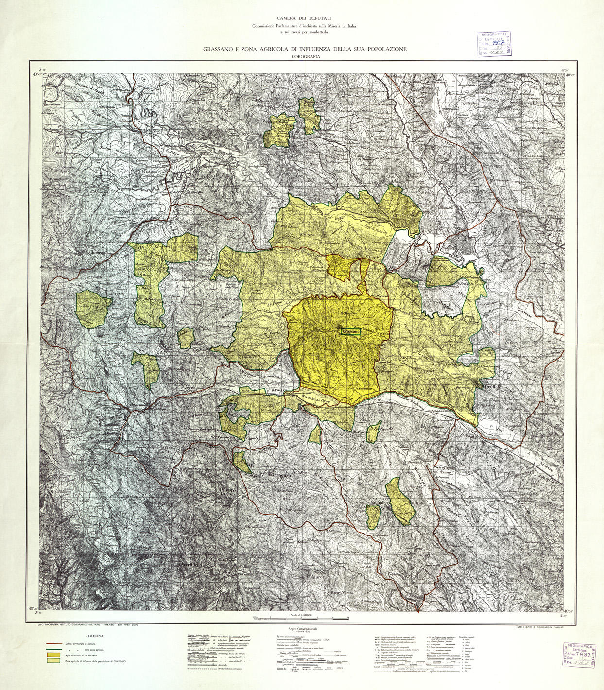 (N:10502) GRASSANO E ZONA AGRICOLA DI INFLUENZA DELLA SUA POPOLAZIONE (B0003955) Carte e stampe antiche: riproduzione a colori su carta (formato A1)