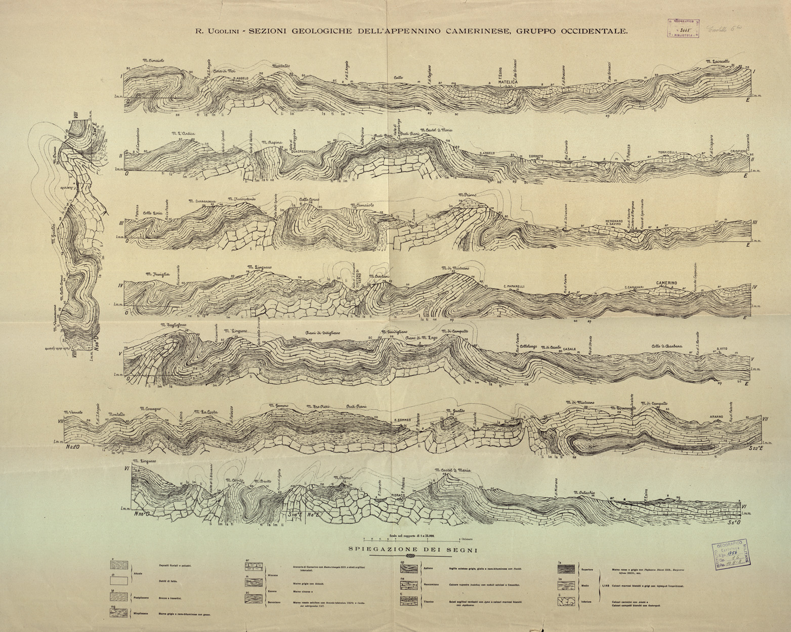 (N:5594) R. UGOLINI - SEZIONI GEOLOGICHE DELL'APPENNINO CAMERINESE - GRUPPO OCCIDENTALE
 (B0003987) Carte e stampe antiche: riproduzione a colori su carta (formato A1)