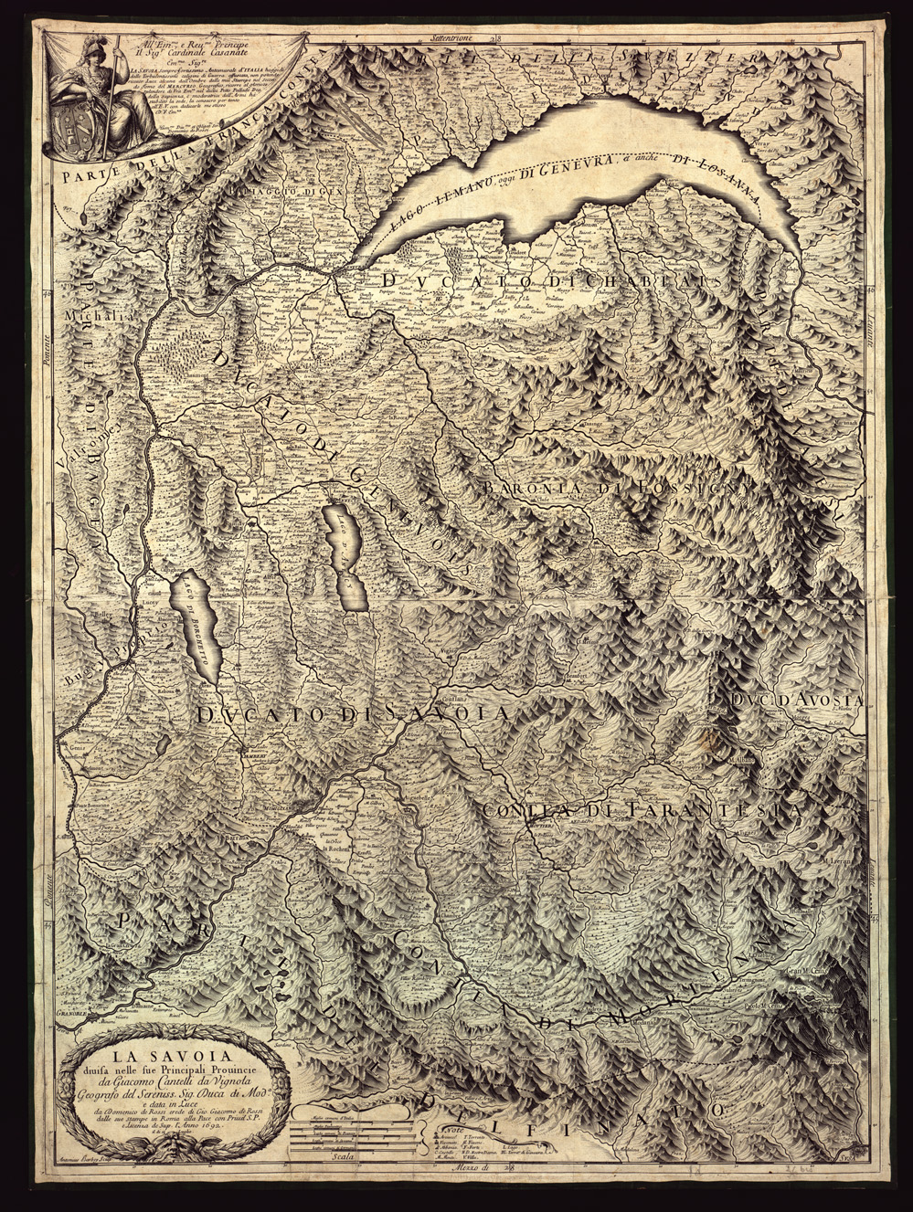 (N:11302) LA SAVOIA DIVISA NELLE SUE PRINCIPALI PROVINCIE DA GIACOMO CANTELLI DA VIGNOLA, GEOGRAFO DEL DUCA DI MODENA, DATA IN LUCE DA DOMENICO DE ROSSI IN ROMA ALLA PACE. (B0004135) Carte e stampe antiche: riproduzione a colori su carta (formato A1)