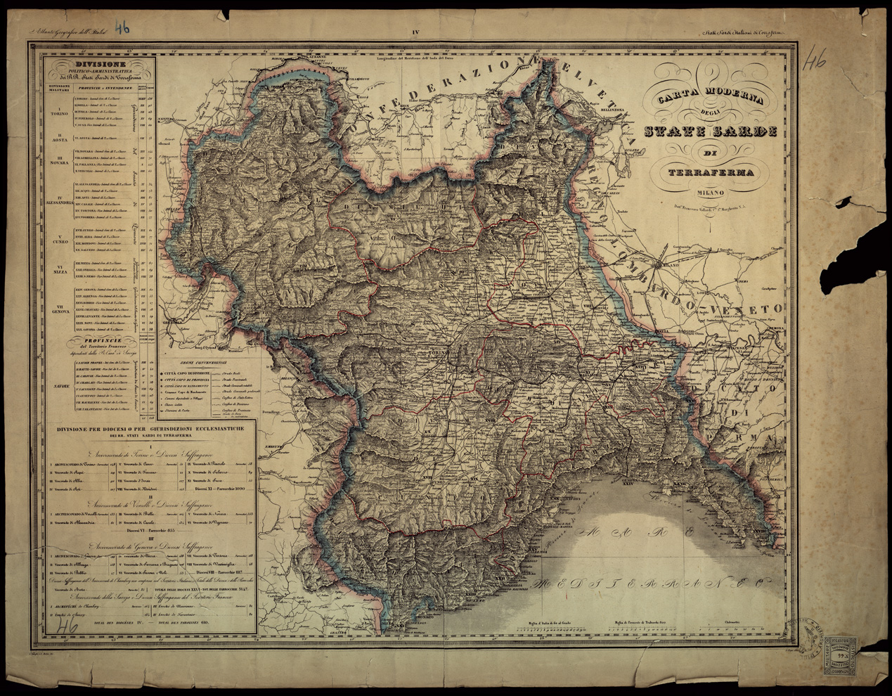 (N:5753) CARTA MODERNA DEGLI STATI SARDI IN TERRAFERMA, MILANO, DOTT. FRANC. VALLARDI. (s. d.). Foglio IV dell'Atlante Geografico dell'Italia (B0004144) Carte e stampe antiche: riproduzione a colori su carta (formato A1)