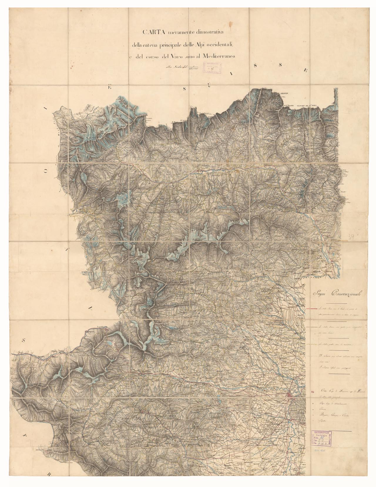 (N:2734) CARTA MERAMENTE DIMOSTRATIVA DELLA CATENA PRINCIPALE DELLE ALPI OCCIDENTALI E DEL CORSO DEL VARO SINO AL MEDITERRANEO - Foglio 1 (B0004272) Carte e stampe antiche: riproduzione a colori su carta (formato A1)