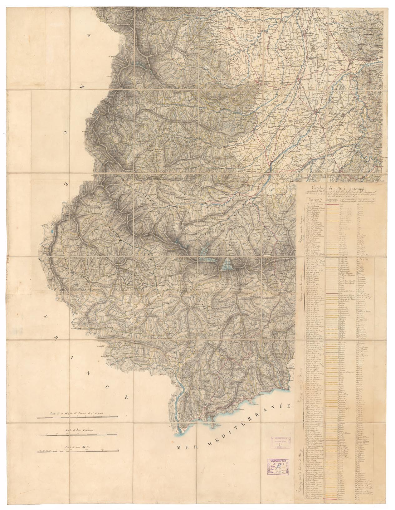 (N:2736) CARTA MERAMENTE DIMOSTRATIVA DELLA CATENA PRINCIPALE DELLE ALPI OCCIDENTALI E DEL CORSO DEL VARO SINO AL MEDITERRANEO - Foglio 2 (B0004274) Carte e stampe antiche: riproduzione a colori su carta (formato A1)