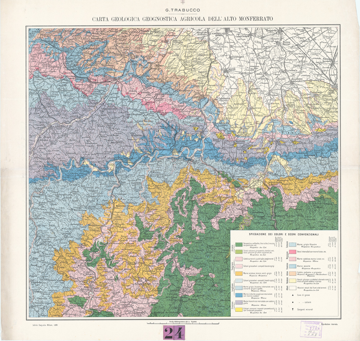 (N:5325) CARTA GEOLOGICA, GEOGNOSTICA, AGRICOLA, DELL'ALTO MONFERRATO (B0004349) Carte e stampe antiche: riproduzione a colori su carta (formato A1)