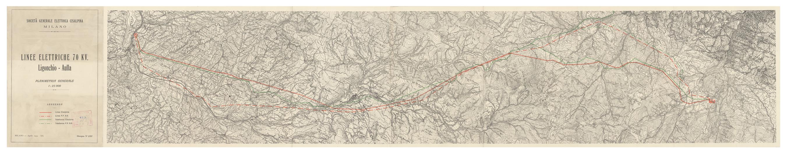 (N:15936) SOCIETA' GENERALE ELETTRICA CISALPINA MILANO - LINEE ELETTRICHE 140 KV. - Ligonchio - Aulla (B0004401) Carte e stampe antiche: riproduzione a colori su carta (formato A1)