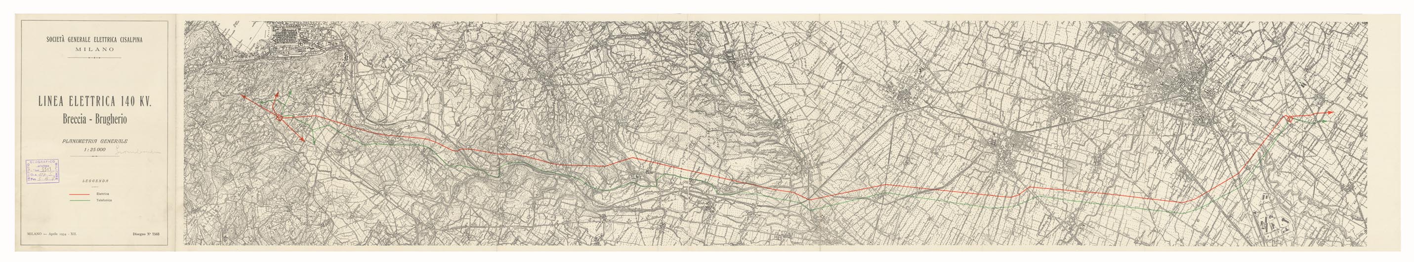 (N:15929) SOCIETA' GENERALE ELETTRICA CISALPINA MILANO - LINEE ELETTRICHE 140 KV. - Breccia - Brugherio (B0004411) Carte e stampe antiche: riproduzione a colori su carta (formato A1)