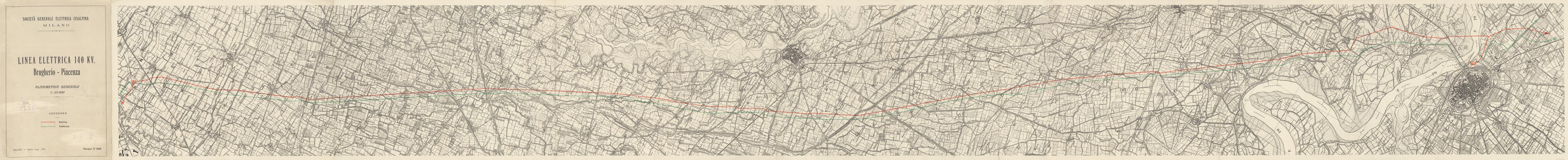 (N:15931) SOCIETA' GENERALE ELETTRICA CISALPINA MILANO - LINEE ELETTRICHE 140 KV. - Brugherio - Piacenza (B0004413) Carte e stampe antiche: riproduzione a colori su carta (formato A1)