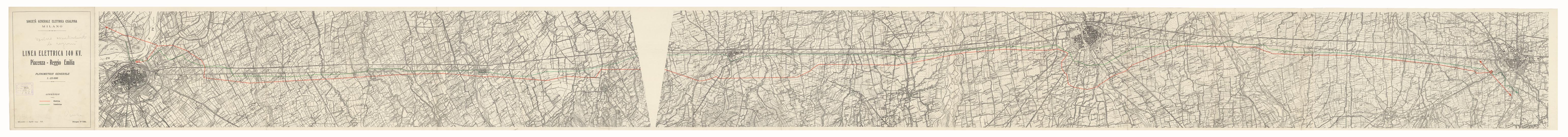 (N:15938) SOCIETA' GENERALE ELETTRICA CISALPINA MILANO - LINEE ELETTRICHE 140 KV. - Piacenza - Reggio Emilia (B0004417) Carte e stampe antiche: riproduzione a colori su carta (formato A1)