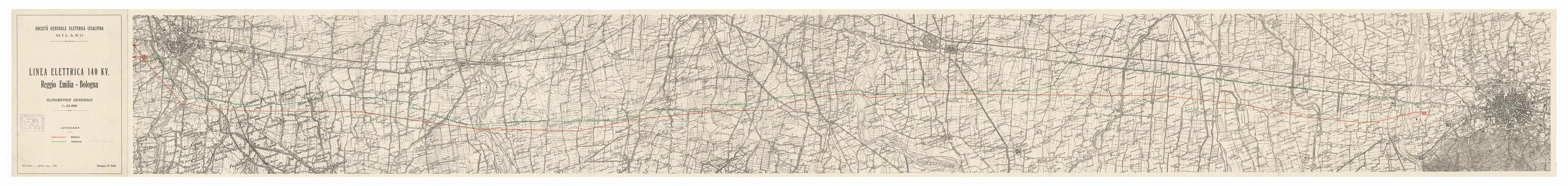 (N:15943) SOCIETA' GENERALE ELETTRICA CISALPINA MILANO - LINEE ELETTRICHE 140 KV. - Reggio Emilia - Bologna (B0004422) Carte e stampe antiche: riproduzione a colori su carta (formato A1)