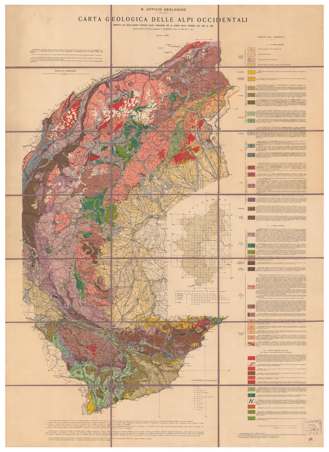 (N:5314) CARTA GEOLOGICA DELLE ALPI OCCIDENTALI DEDOTTA DAI RILEVAMENTI ESEGUITI DAGLI INGEGNERI DEL R. CORPO DELLE MINIERE, DAL 1888 AL 1906 (B0004434) Carte e stampe antiche: riproduzione a colori su carta (formato A1)