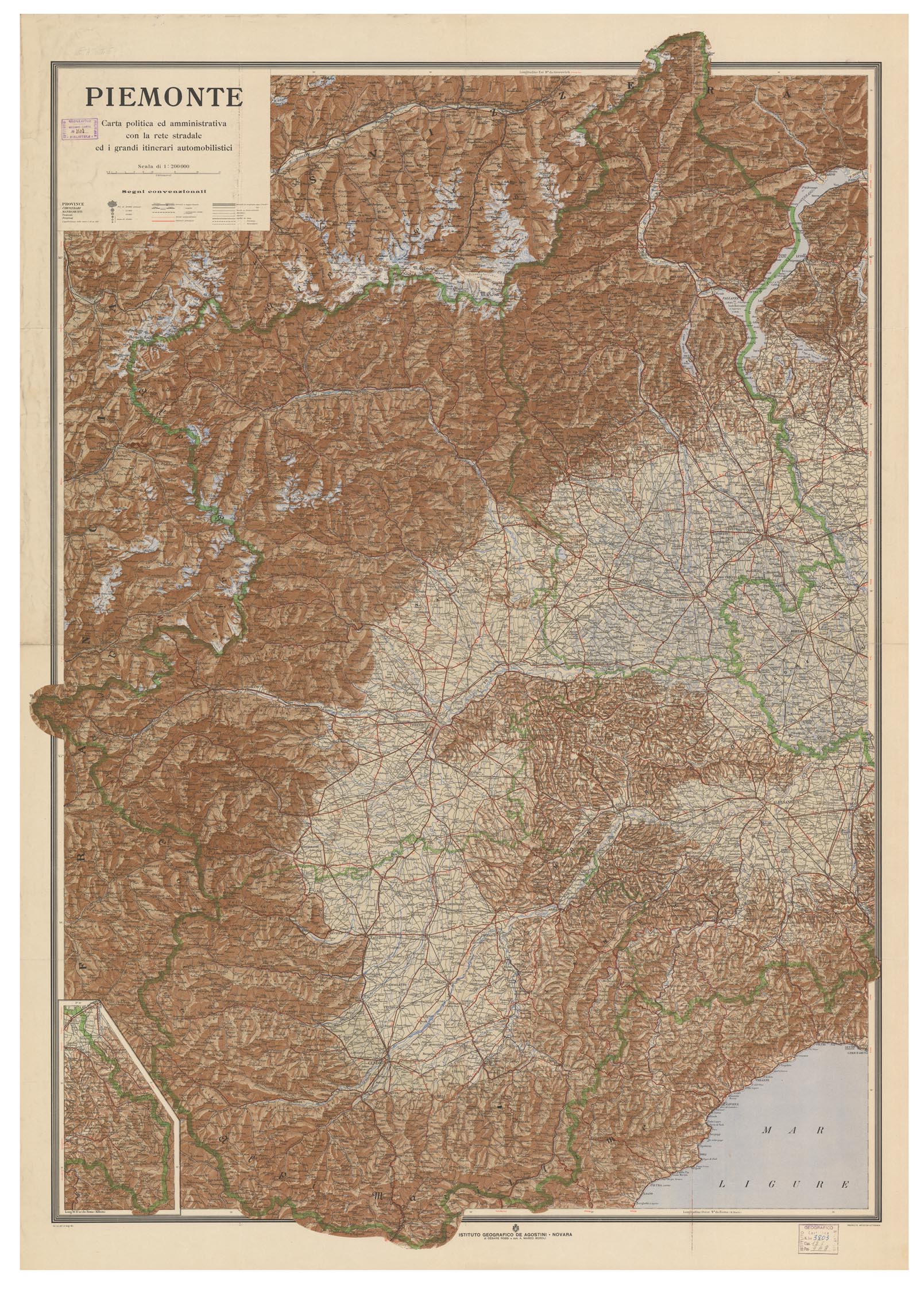(N:14039) PIEMONTE CARTA POLITICA ED AMMINISTRATIVA CON LA RETE STRADALE E I GRANDI ITINERARI AUTOMOBILISTICI. ISTITUTO GEOGRAFICO DE AGOSTINI. NOVARA. (s. d.). (B0004444) Carte e stampe antiche: riproduzione a colori su carta (formato A1)