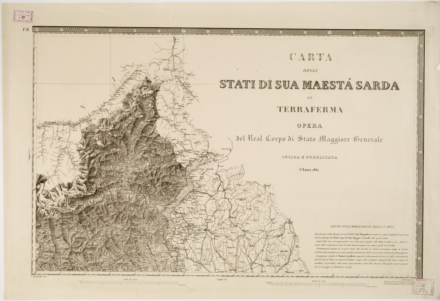 (N:1402) CARTA DEGLI STATI DI SUA MAESTA' SARDA IN TERRAFERMA OPERA DEL REAL CORPO DI STATO MAGGIORE GENERALE. INCISA E PUBBLICATA L'ANNO 1841 - Foglio 2 (B0004482) Carte e stampe antiche: riproduzione a colori su carta (formato A1)