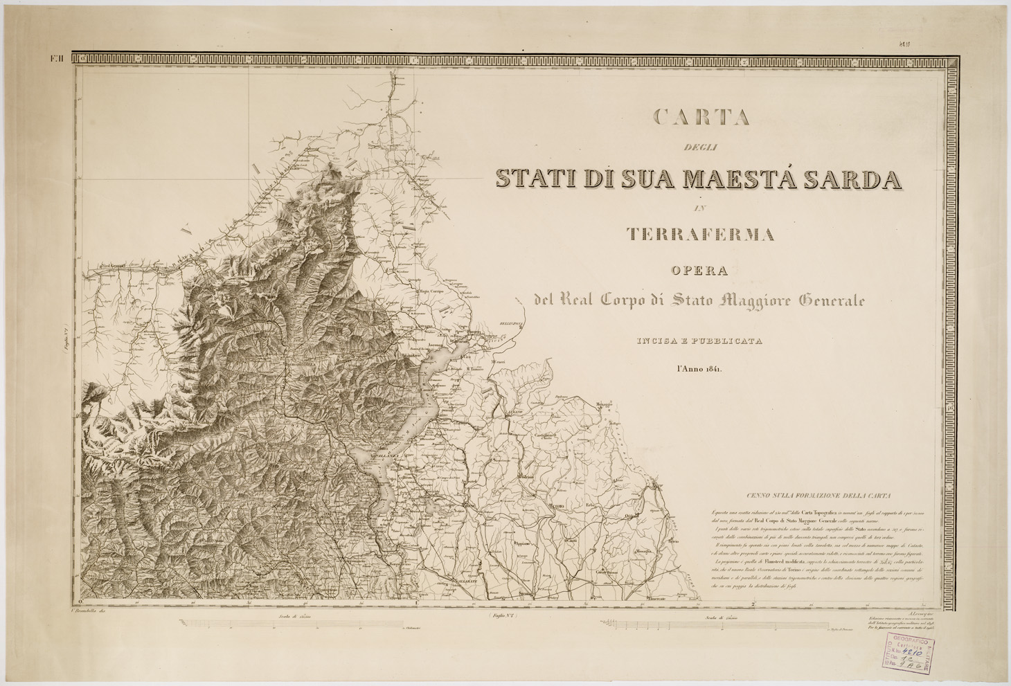 (N:1366) CARTA DEGLI STATI DI SUA MAESTA' SARDA IN TERRAFERMAOPERA DEL REAL CORPO DI STATO MAGGIORE GENERALE. INCISA E PUBBLICATA L'ANNO 1841 - Foglio 2 (B0004489) Carte e stampe antiche: riproduzione a colori su carta (formato A1)
