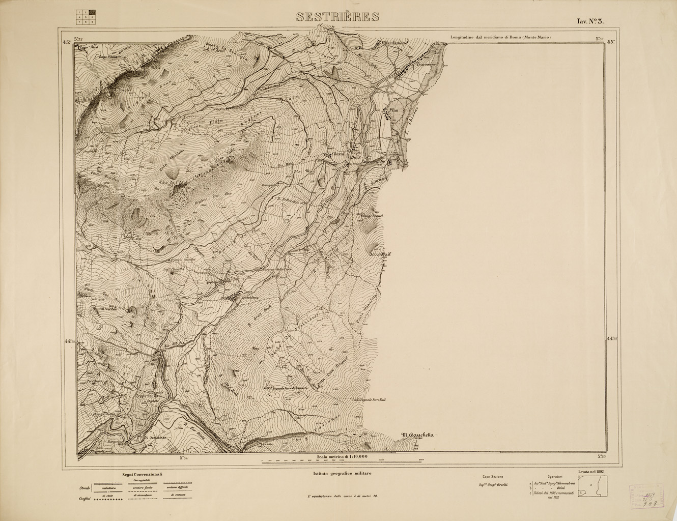 (N:5861) CARTA SPECIALE DELLA PIAZZA DI CESANA TORINESE - Foglio 3 - Sestrires (B0004499) Carte e stampe antiche: riproduzione a colori su carta (formato A1)