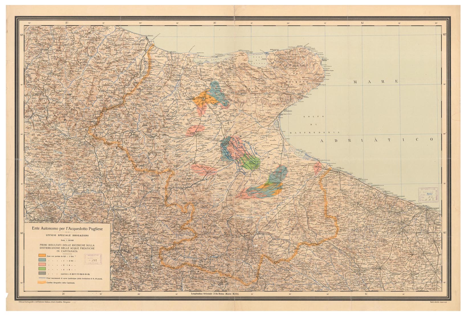 (N:14208) ENTE AUTONOMO PER L'ACQUEDOTTO PUGLIESE UFFICO SPECIALE IRRIGAZIONI (B0004527) Carte e stampe antiche: riproduzione a colori su carta (formato A1)