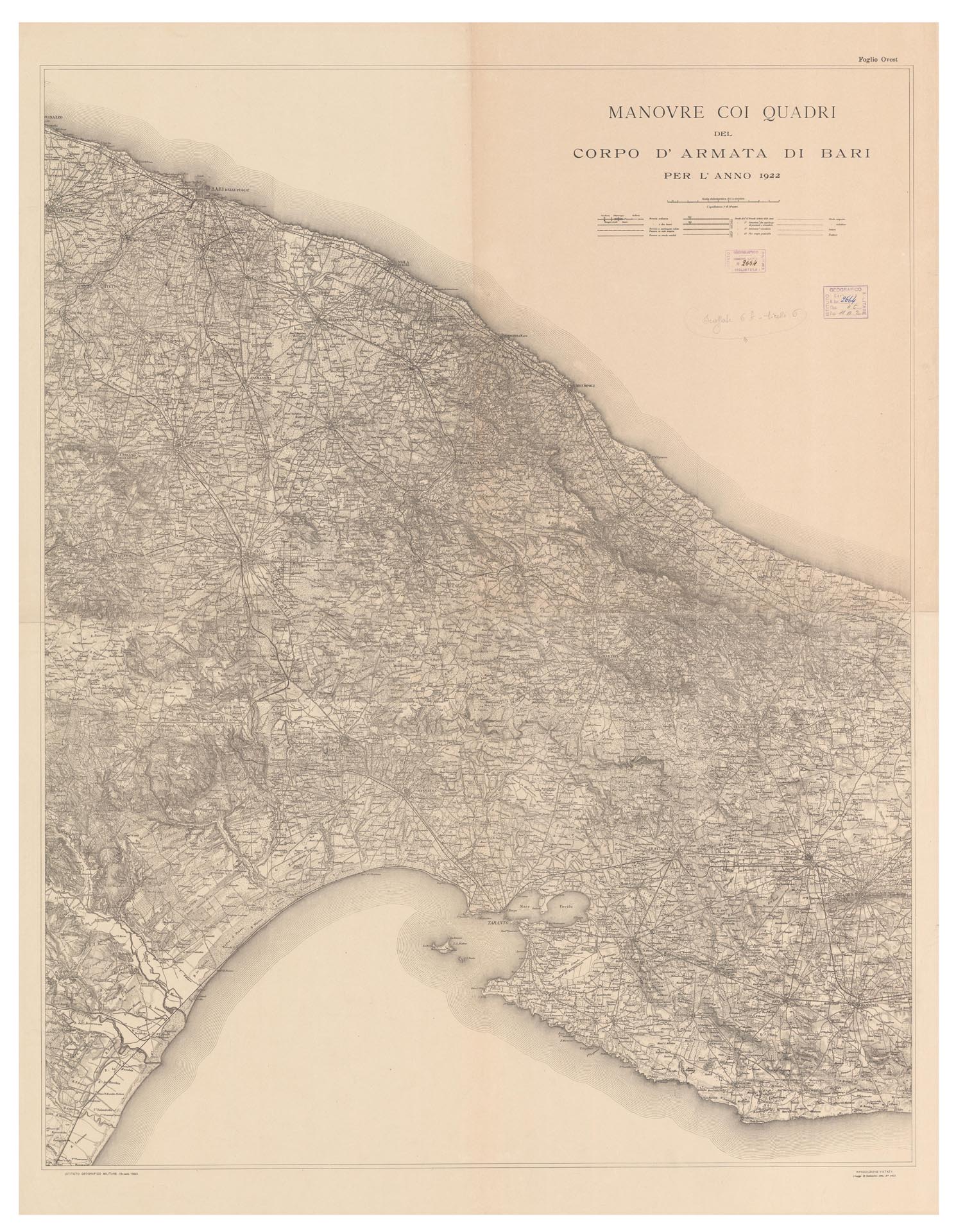 (N:13349) MANOVRE COI QUADRI DEL CORPO D'ARMATA DI BARI PER L'ANNO 1922 - Foglio ovest (B0004538) Carte e stampe antiche: riproduzione a colori su carta (formato A1)