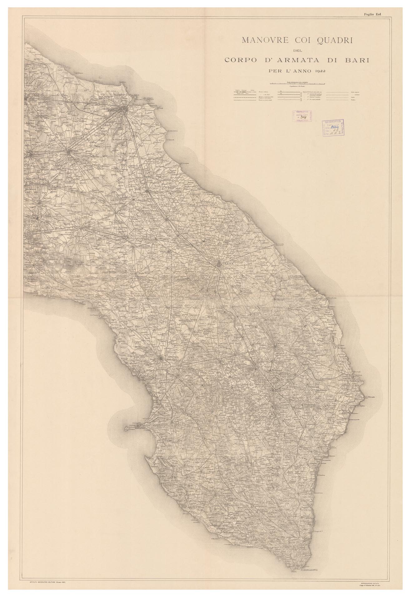 (N:13345) MANOVRE COI QUADRI DEL CORPO D'ARMATA DI BARI PER L'ANNO 1922 - Foglio est (B0004540) Carte e stampe antiche: riproduzione a colori su carta (formato A1)