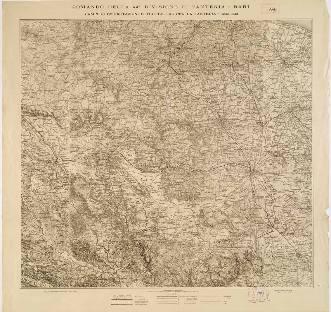 (N:481) COMANDO DELLA 22^ DIVISIONE DI FANTERIA, BARI CAMPI DI ESERCITAZIONI E TIRI TATTICI PER LA FANTERIA (B0004544) Carte e stampe antiche: riproduzione a colori su carta (formato A1)
