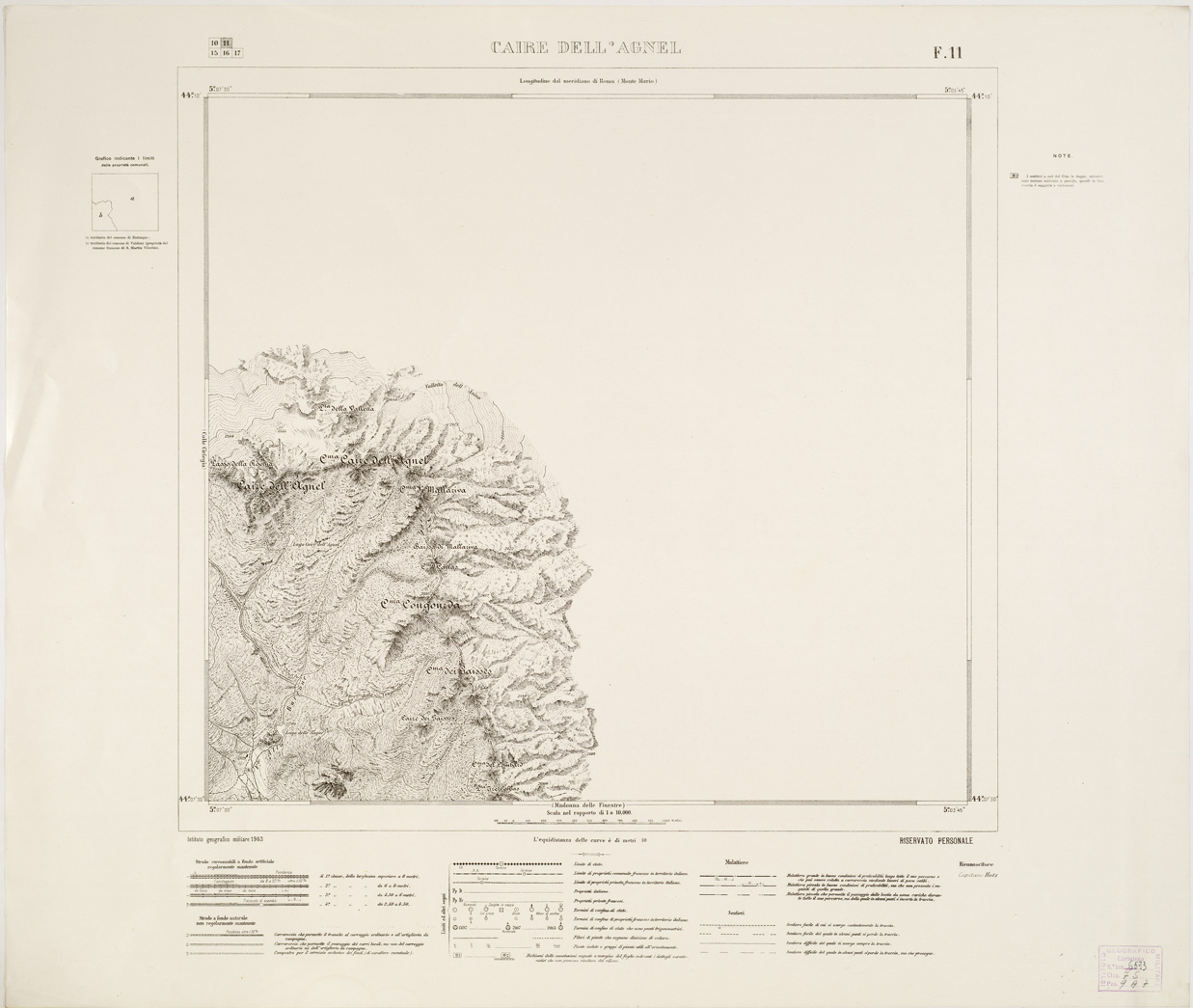 (N:13470) CARTA SPECIALE AL 10.000 DELLA FRONTIERA VERSO L'ALTO NIZZARDO - Foglio 11 - Caire dell'Agnel (B0004596) Carte e stampe antiche: riproduzione a colori su carta (formato A1)